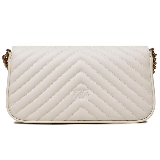 PINKO White Calfskin Women Crossbody Bag with matelassé design and bird detail, featuring adjustable leather and metal strap.
