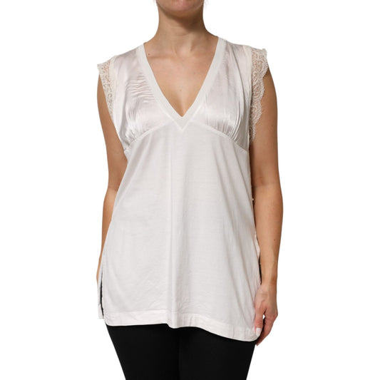 PINKO White Silk Blend Lace Trim Sleeveless V-Neck Women’s Top with delicate lace shoulders and luxurious fabric.