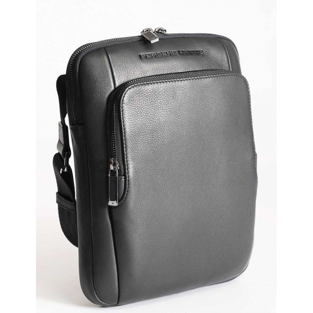 Black leather PORSCHE PELLETTERIA MOD. OLE01511-001 shoulder bag with front zipper pocket.