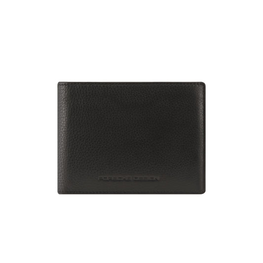 Black leather wallet, PORSCHE PELLETTERIA MOD. OSO09905-001, showcasing premium design in a compact form.