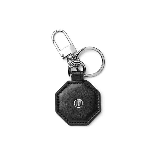 Black leather octagonal keychain with metal ring and clip