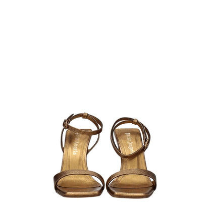Front view of Palm Angels Gold Leather Platform Sandals with buckle closure, high heel, and open toe design.
