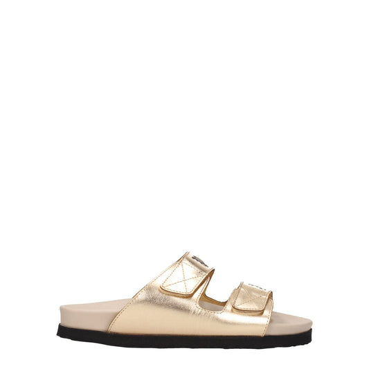 Palm Angels Gold Leather Slippers with metallic effect and front logo, featuring open toe and strap closure, style casual, rubber sole.