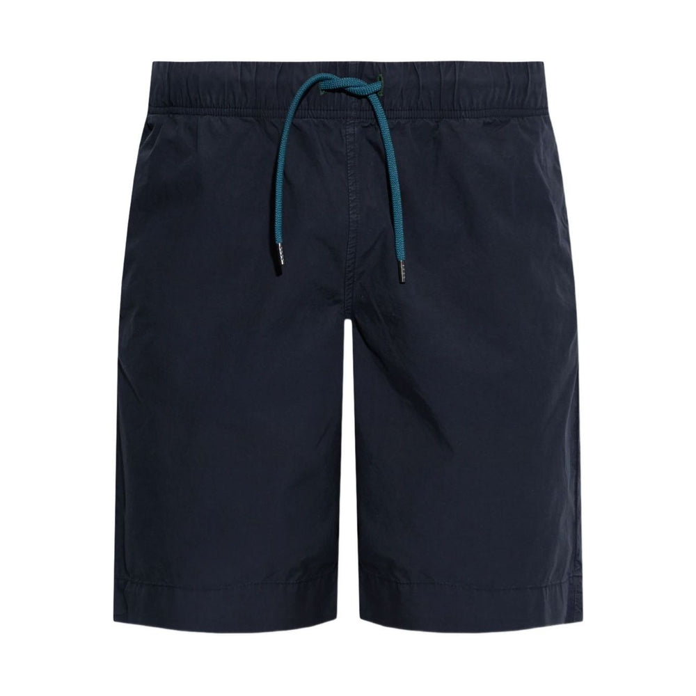 Paul Smith Shorts Blue with a navy elasticated drawstring waistband and side pockets, knee-length, made of cotton, fits true to size.