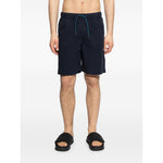 Paul Smith Shorts Blue, navy cotton shorts with elasticated drawstring waist, knee-length, side pockets. Model is 6ft 1in wearing size M.