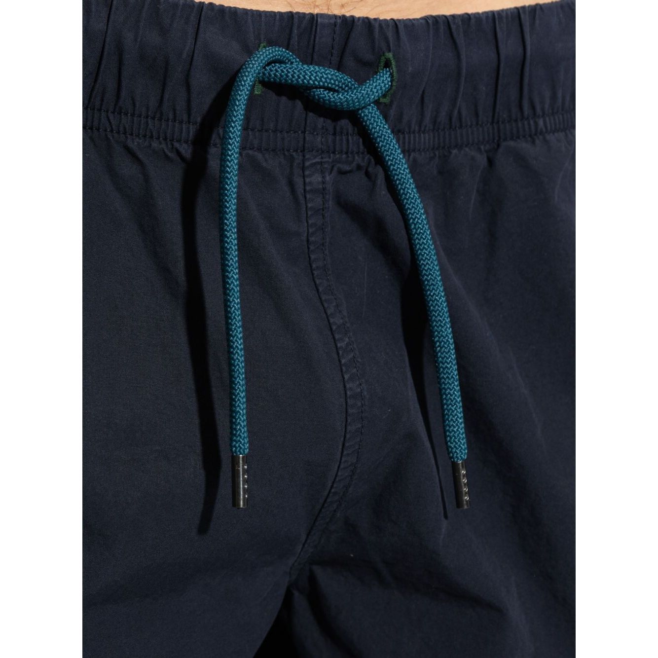 Paul Smith Shorts Blue with navy elasticated waistband and drawstring detail, knee-length, made of cotton, size M shown.