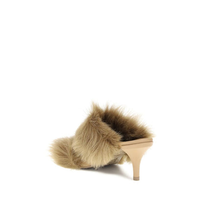 Pedro García Beige Leather Stiletto Heel Sandals with fur trim and open toe, elegant high-heeled mule for evening wear, rear view