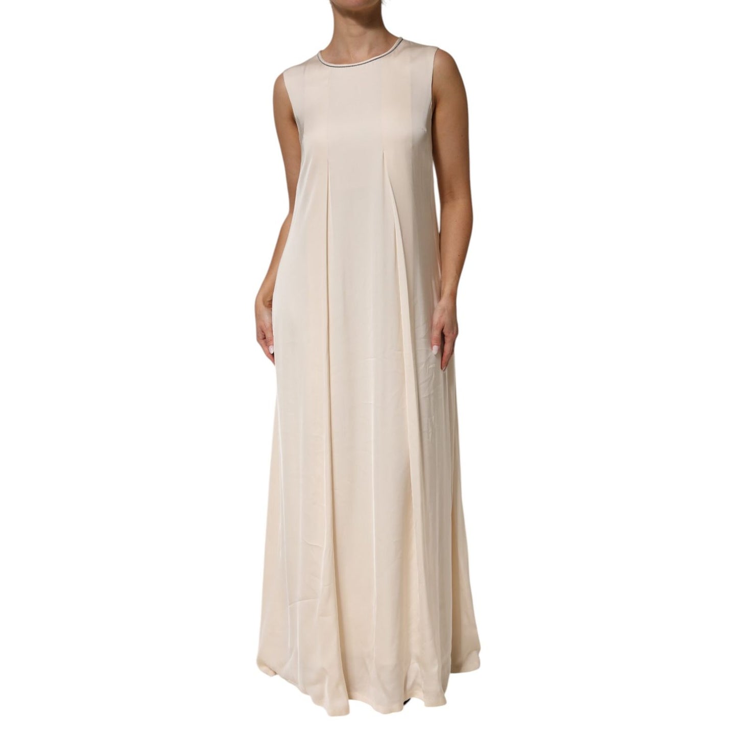 Peserico Beige Viscose Pleated Sleeveless Long Maxi Dress