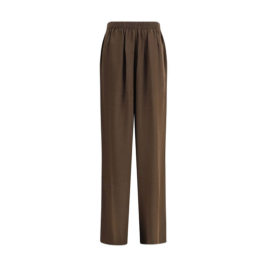 Petar Petrov Brown Silk Pants with elastic waistband, wide leg design, and side welt pockets for a sophisticated look.