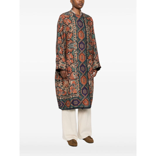 Alt Tag: Pierre Louis Mascia Dresses Brown wool kimono with geometric pattern, three-quarter sleeves, open front, and side patch pockets.