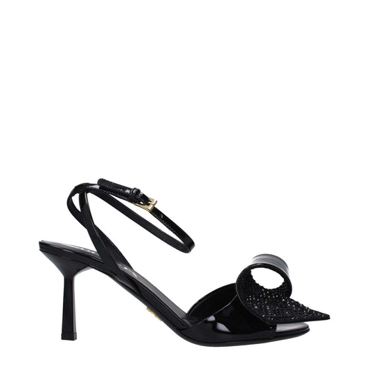 Prada Black Leather Stiletto Heel Sandals with buckle closure and side detail, open toe, and mid heel height of 7.5 cm.