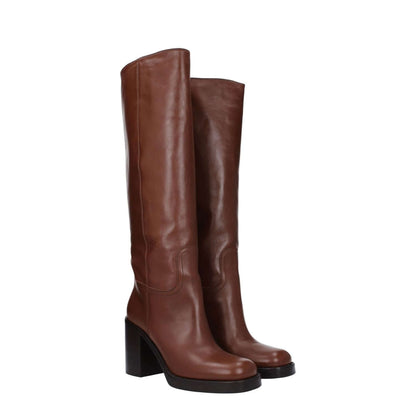 Prada Brown Leather High Heel Boots with 9 cm heel, round toe, leather sole, and cognac accents.