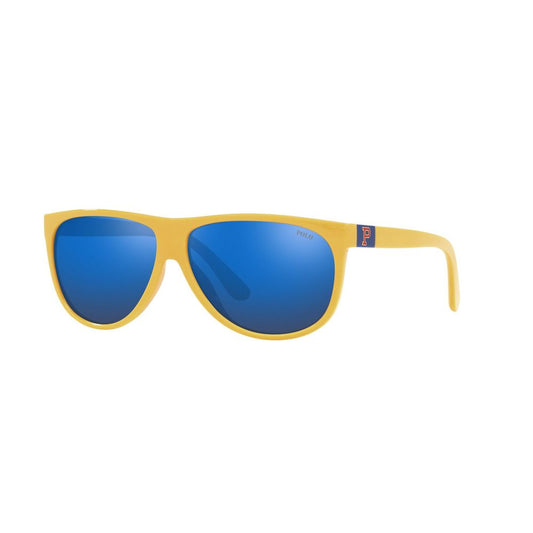 Ralph Lauren Yellow Acetate Sunglasses with blue lenses, model PH4174-596155, size 60/12/140 mm, Category 3, stylish eyewear.