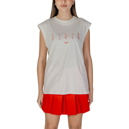 Woman wearing Replay Cream Cotton Tank Tops with red skirt, front view.