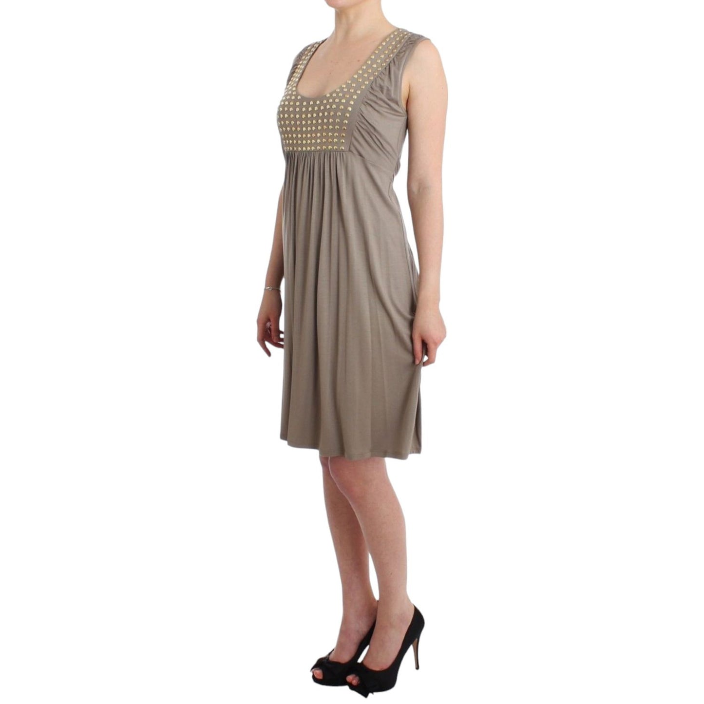 Roccobarocco Khaki studded sheath dress with round neckline and sleeveless design, featuring waist tie and knee-length fit.