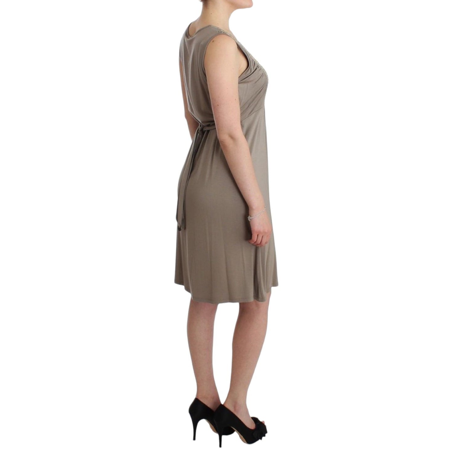 Roccobarocco Khaki studded sheath dress, knee-length with round neckline and waist ties, shown with original tags. New fashion item.