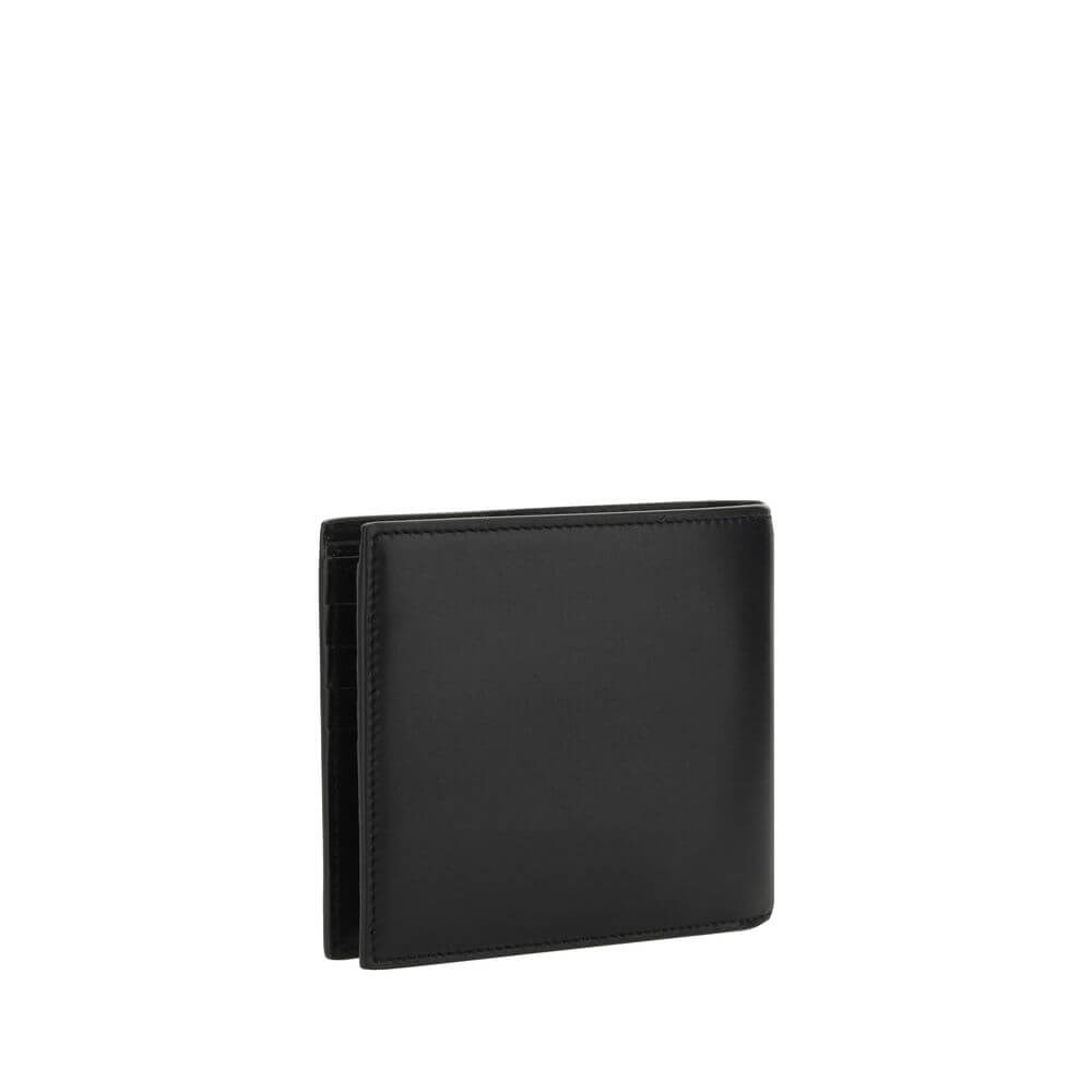 Saint Laurent Black Calf Leather Bos Taurus Wallet with iconic monogram, card slots, and bill compartment.