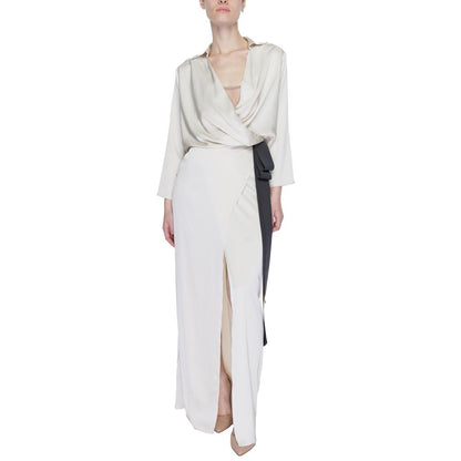 Sandro Ferrone Beige Polyester Long Dress with wrap neckline and contrasting side belt, featuring a front slit for added elegance.