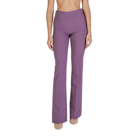 Sandro Ferrone Purple Polyester Flared Pants, high-rise design with a slim fit on thighs and slightly flared hem for elegant silhouette.