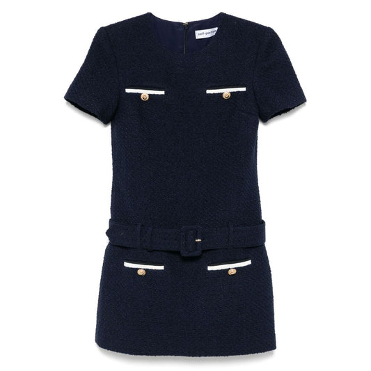 Self-portrait Dresses Blue navy boucle mini dress with two chest and front welt pockets, belted waist, and concealed rear zip fastening.
