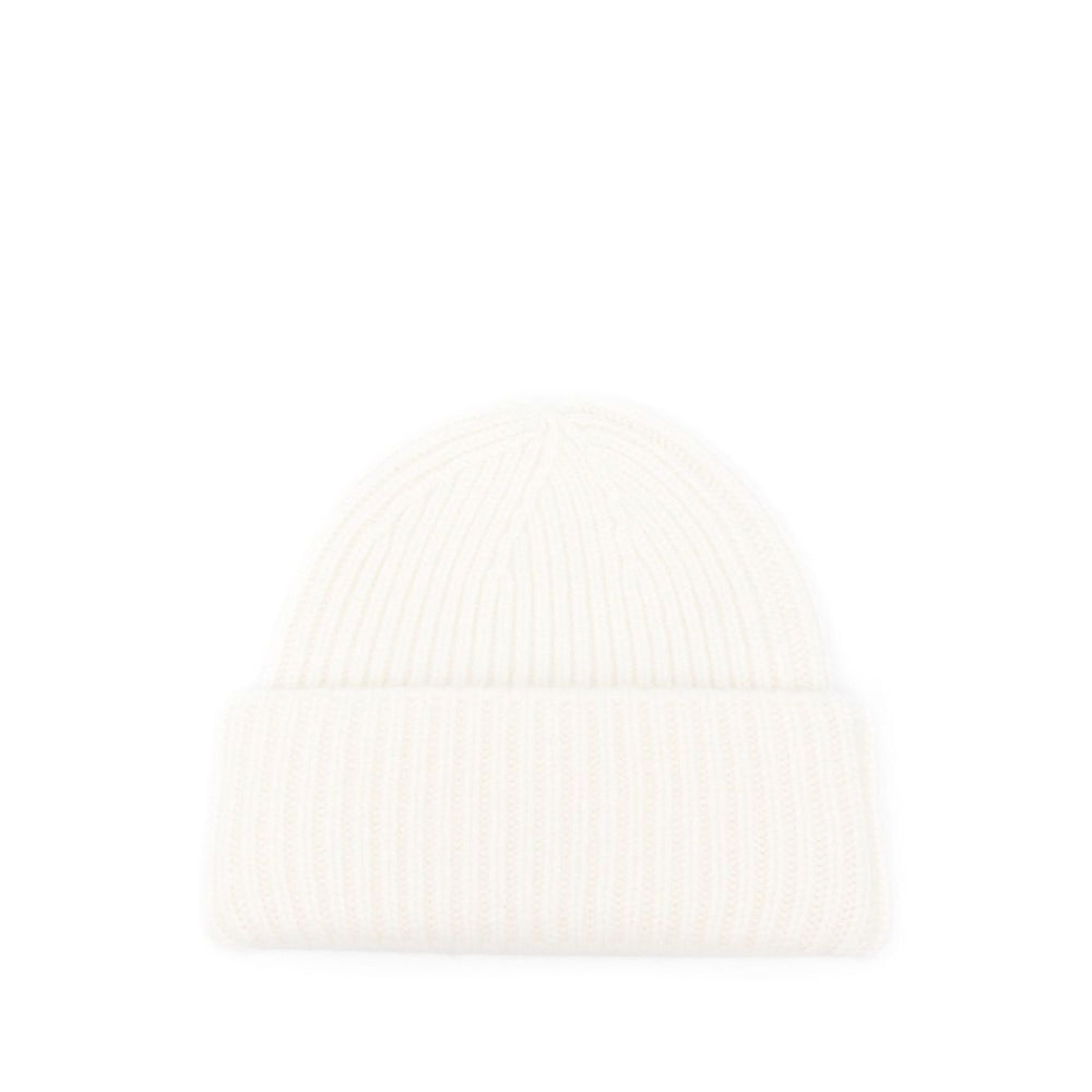 Soft Goat Cashmere ribbed beanie with white round crown and turn-up brim, perfect for winter fashion and warmth.