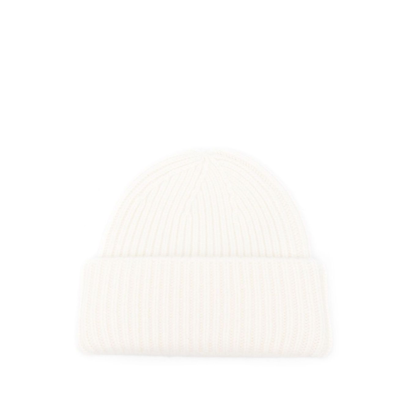 Soft Goat Cashmere ribbed beanie with white round crown and turn-up brim, perfect for winter fashion and warmth.