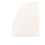 Soft Goat Cashmere ribbed beanie, white round crown turn-up brim, luxurious winter hat