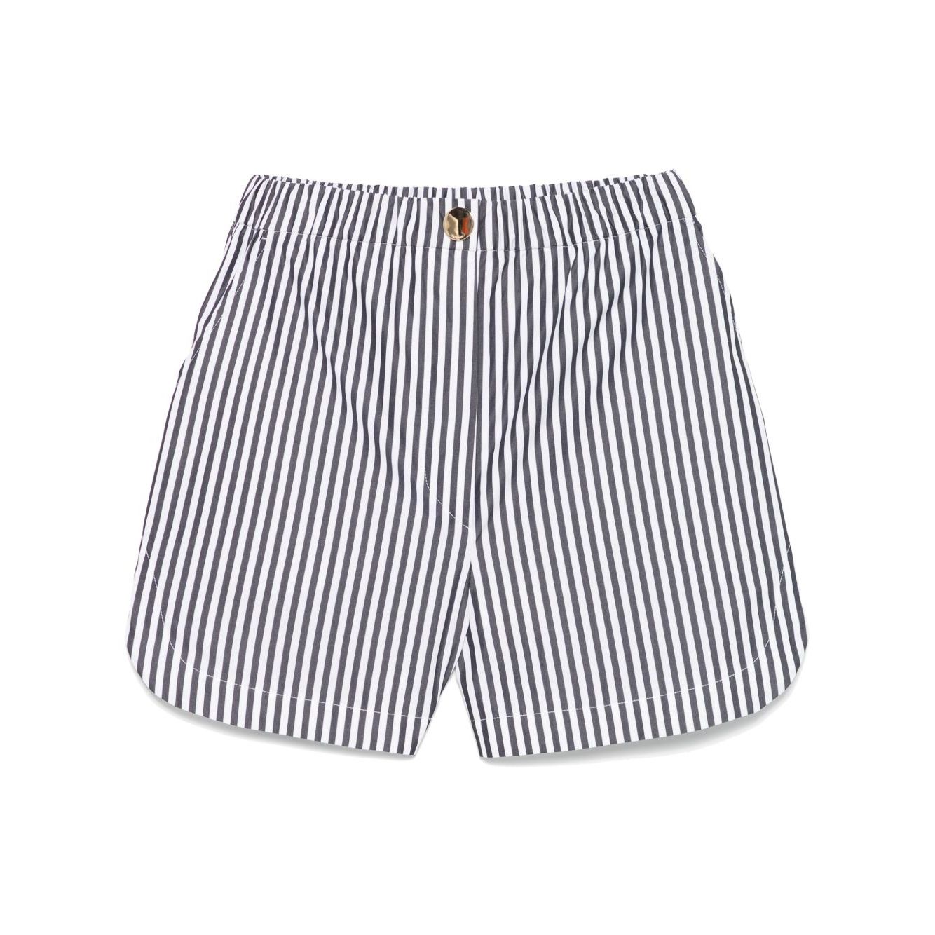 SportMax Shorts Black with striped design, elastic waistband, front button, zip, side slash pockets, rear patch pockets, cotton material