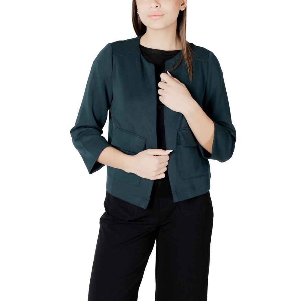 Woman wearing Street One Green Modal Jackets & Coat with elegant design and practical pockets, perfect for a casual-chic look.