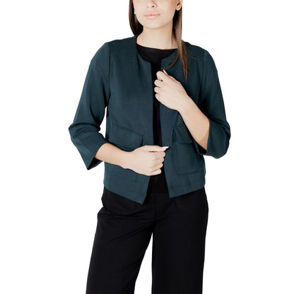 Woman wearing Street One Green Modal Jackets & Coat with elegant design and practical pockets, perfect for a casual-chic look.