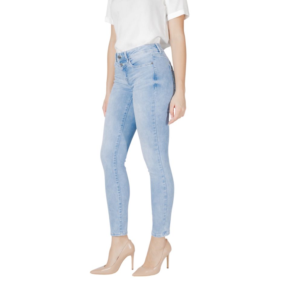 Model wearing Street One Light Blue Cotton Slim Fit Jean with high heels, showcasing a stylish and comfortable fit for women.