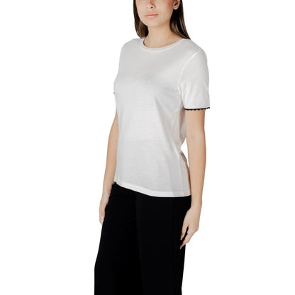 Street One White Cotton T-Shirt with decorative sleeve tape on a model, showcasing versatile style for women.