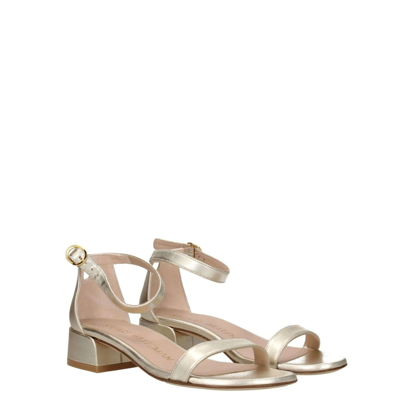 Stuart Weitzman Gold Leather Sandals with buckle closure and open toe, mid heel style. MPN: NUDISTJUNELIDS0793PLATINO