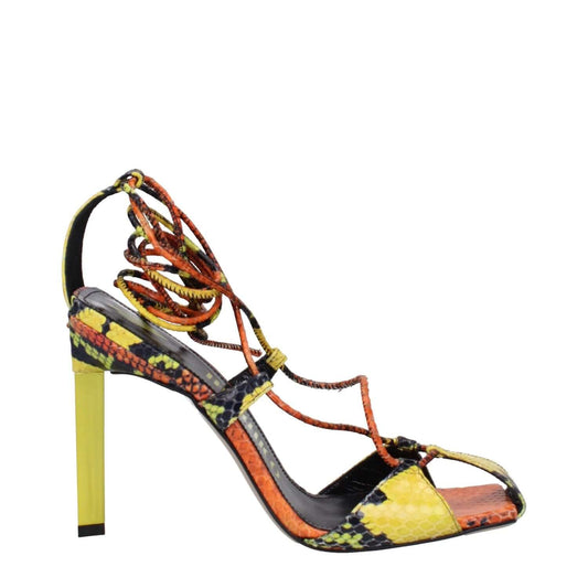 The Attico Orange Leather Stiletto Heel Sandals with vintage snake print, yellow accents, open toe, 11 cm heel, self-tie closure.