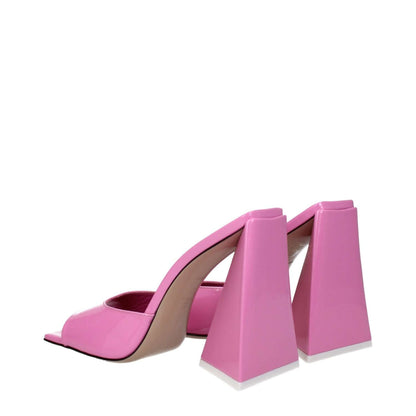 The Attico Pink Leather Platform Sandals with high heels and open toe design in patent leather, stylish casual footwear.