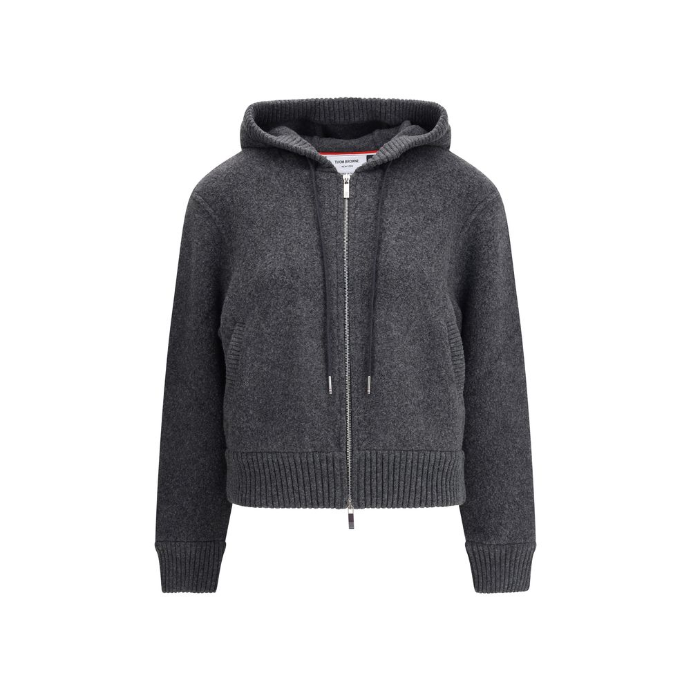 Thom Browne Gray Wool Sweatshirt with hood and front zipper, featuring ribbed cuffs and hem, perfect for AW25 season.