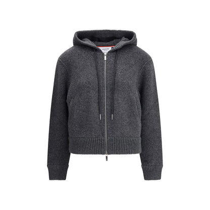 Thom Browne Gray Wool Sweatshirt with hood and front zipper, featuring ribbed cuffs and hem, perfect for AW25 season.