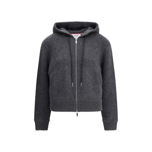 Thom Browne Gray Wool Sweatshirt with hood and front zipper, featuring ribbed cuffs and hem, perfect for AW25 season.