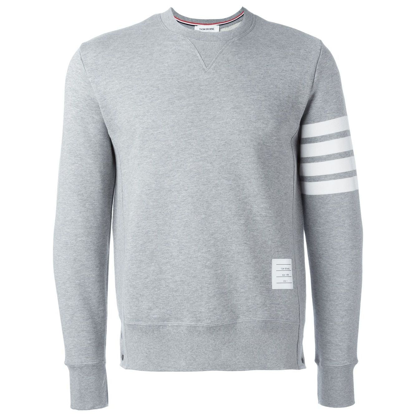 Thom Browne Sweaters Grey, pebble grey loopback cotton jersey crew neck with V insert, 4-Bar stripe, ribbed trims, straight hem, relaxed fit.