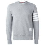 Thom Browne Sweaters Grey, pebble grey loopback cotton jersey crew neck with V insert, 4-Bar stripe, ribbed trims, straight hem, relaxed fit.