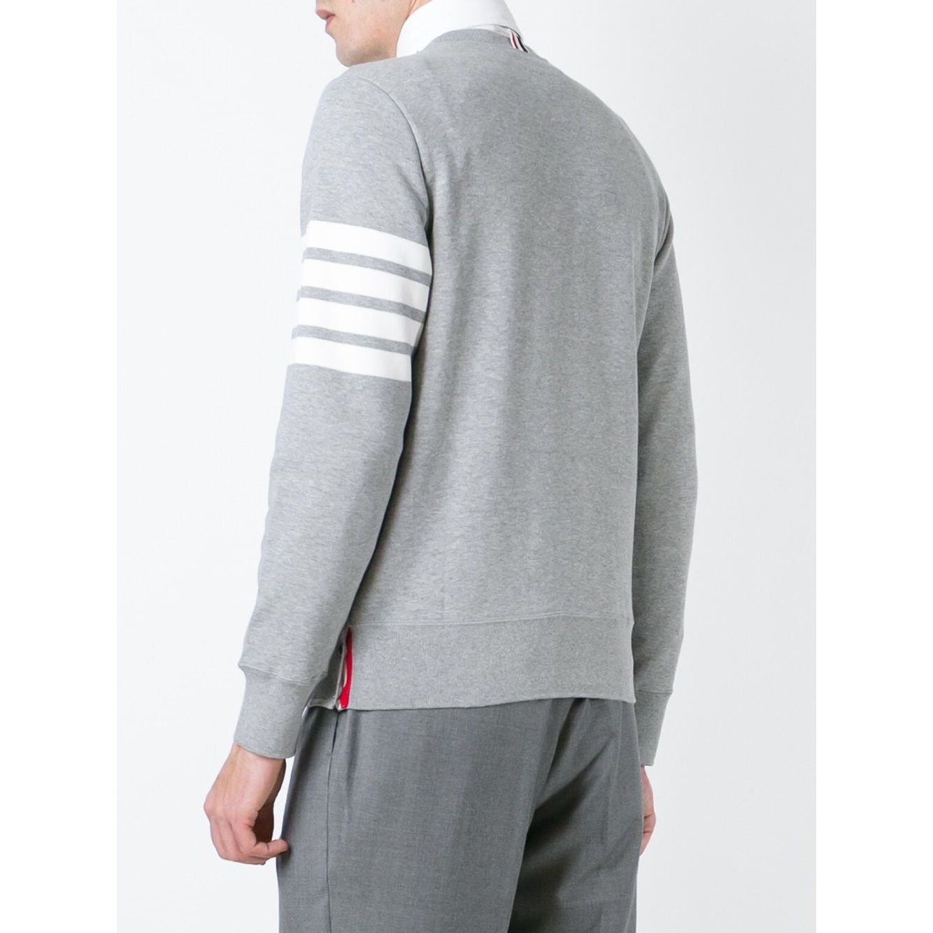 Back view of Thom Browne Sweaters Grey with 4-Bar stripe, crew neck, ribbed trims, and relaxed fit, crafted in Japan.