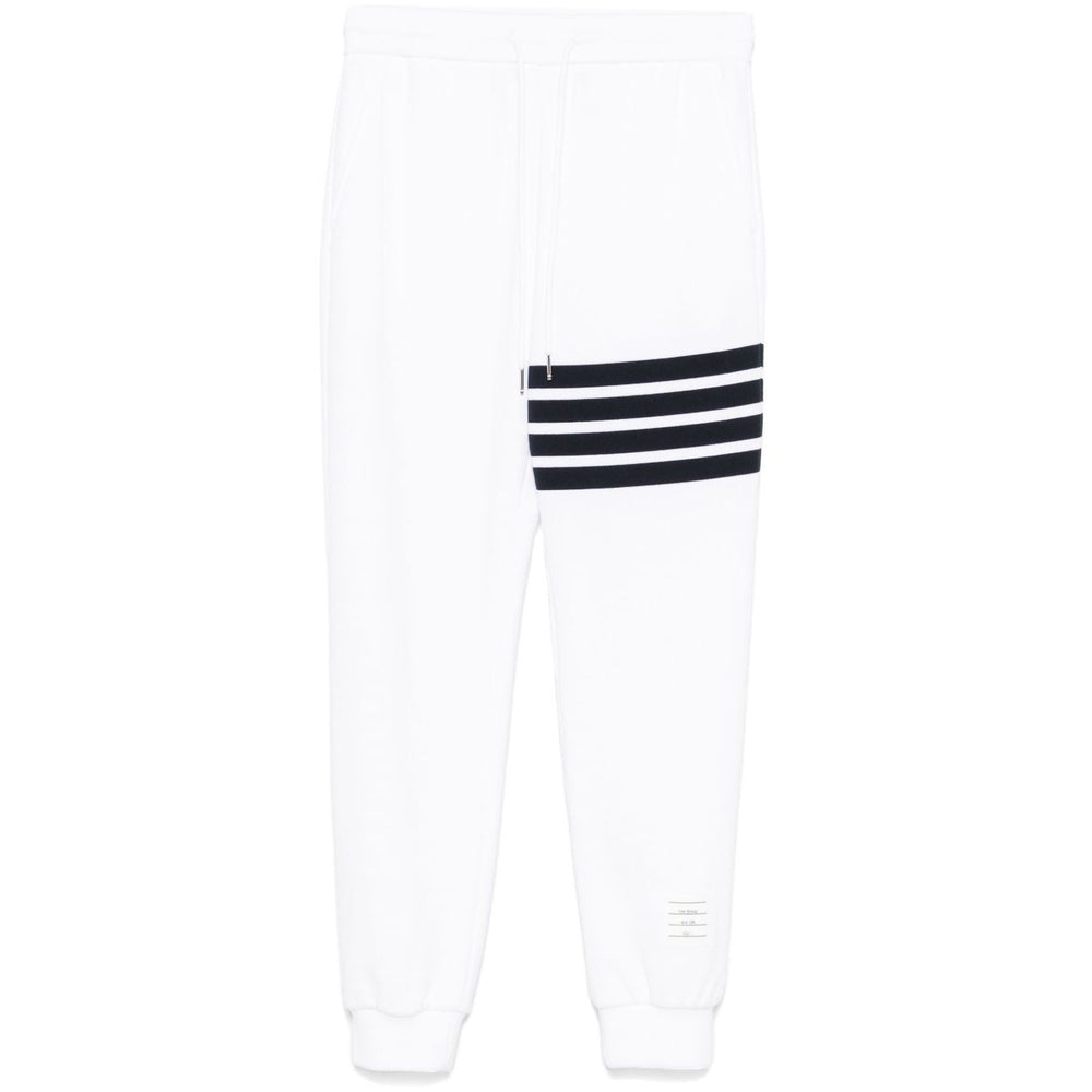 Thom Browne Trousers White with elastic waistband, side pockets, logo patch, and 4Bar detail.