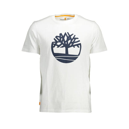 Timberland White Cotton Men T-Shirt with iconic logo, eco-friendly organic cotton material.