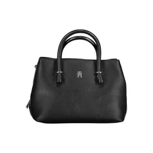Tommy Hilfiger Black Polyethylene Handbag with adjustable strap, 2 handles, external pockets, logo, zip and snap closure, and contrasting details.