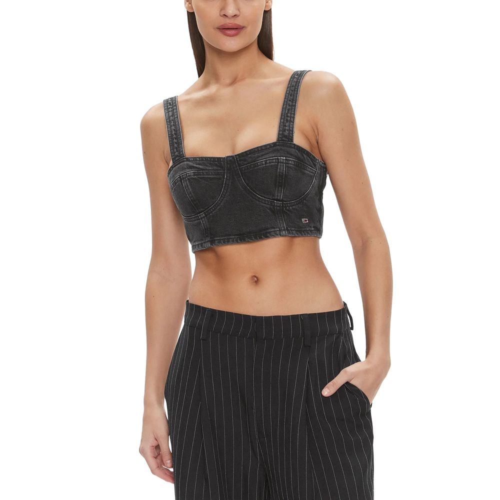 Tommy Hilfiger Jeans Black Recycled Cotton Top, women's bustier with wide straps and contoured seams for a daring, sophisticated look.