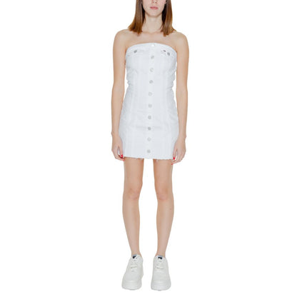 Tommy Hilfiger Jeans White Recycled Cotton Short Dress, strapless design with metallic buttons, front view on model.