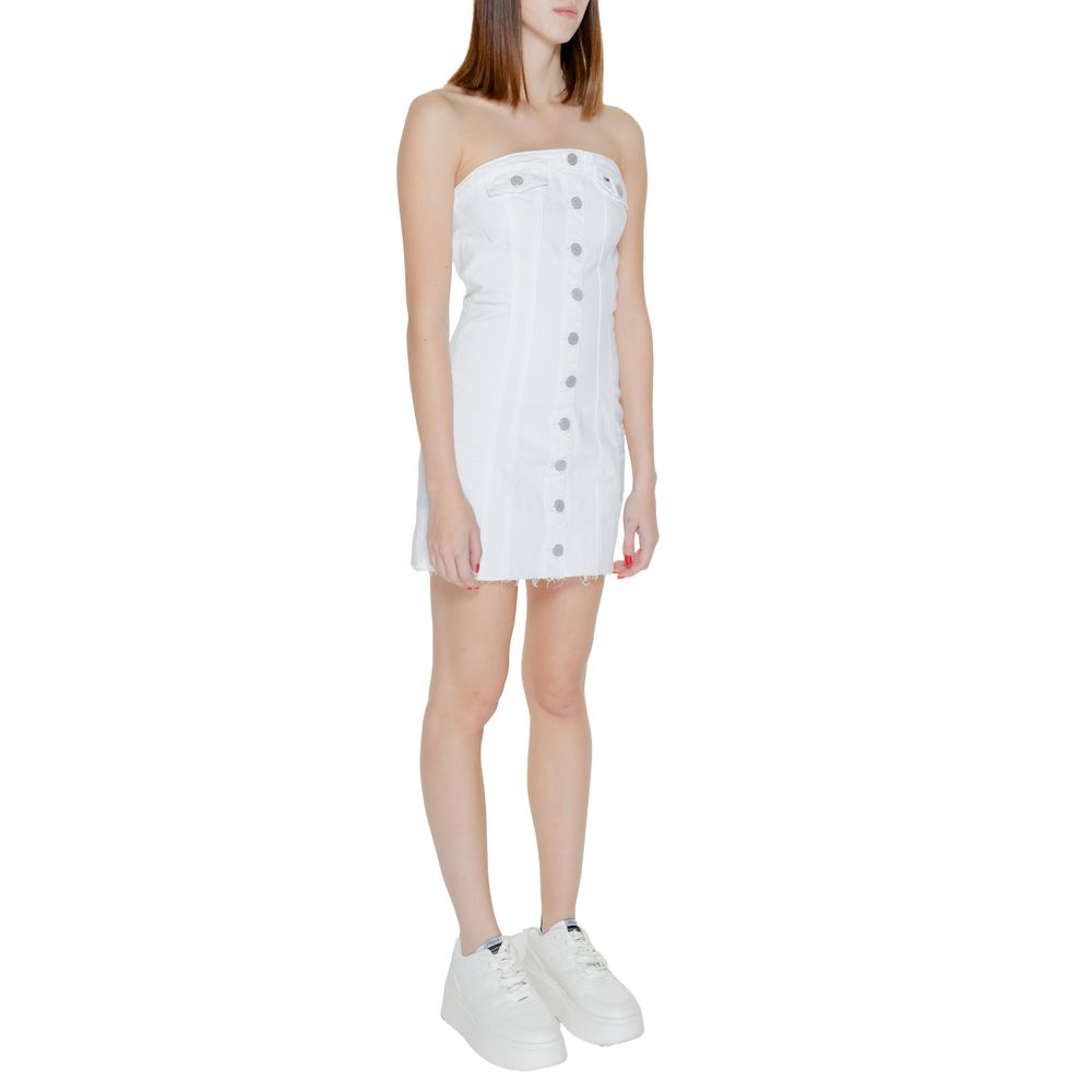 Tommy Hilfiger Jeans White Recycled Cotton Short Dress, strapless bustier style with metallic buttons for a chic look.