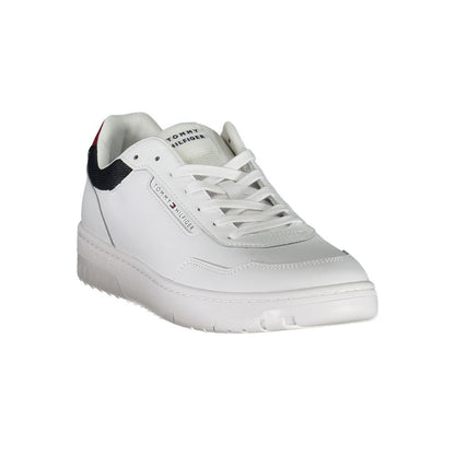 Tommy Hilfiger White Leather Sneaker with laces, sports shoe, removable insole, contrasting details, and printed logo design.