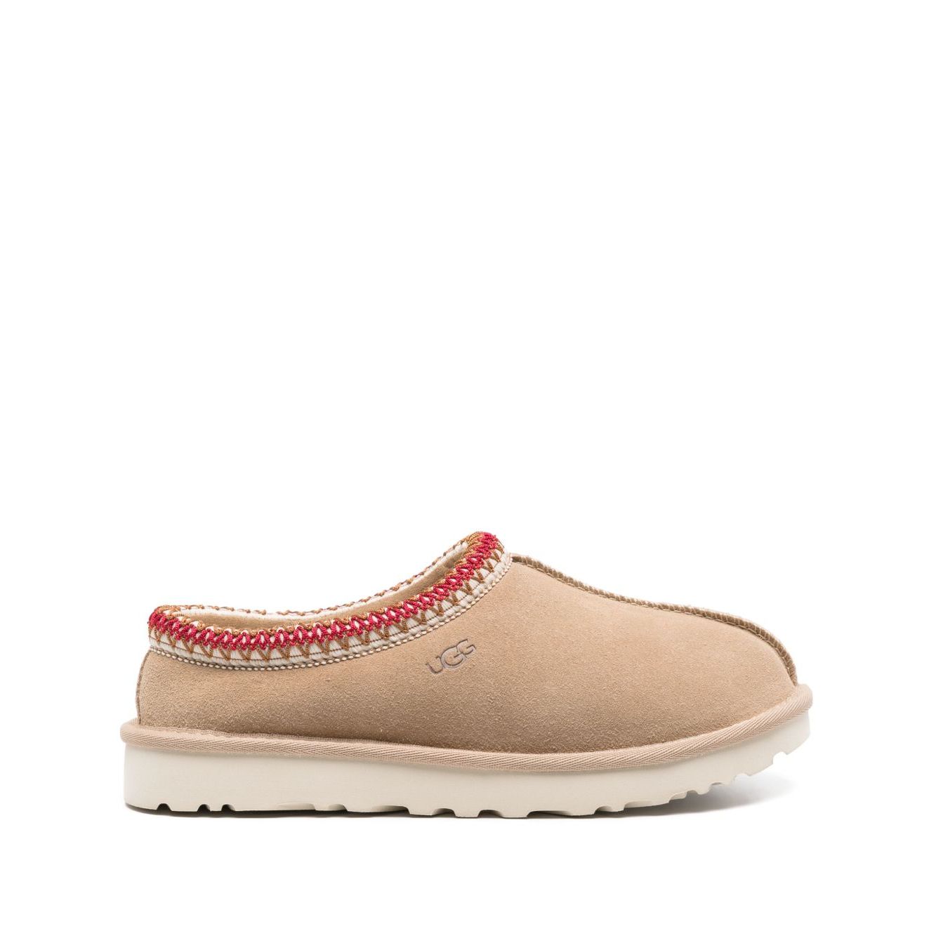 UGG Australia Sandals Beige with tobacco brown calf suede, embroidered edge, vulcanised-rubber sole, fleece lining, and branded footbed.
