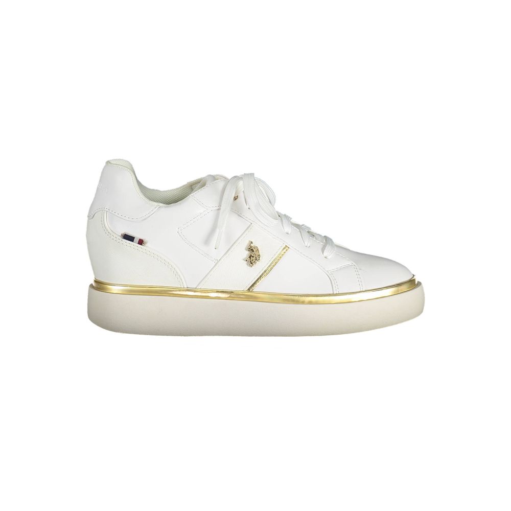 U.S. POLO ASSN. White Polyester Women Sneaker, elegant lace-up sports shoes with gold accents and logo, perfect for active lifestyle.